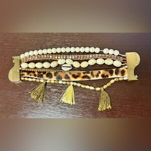 Victoria Emerson Gold Magnetic Cuff Layered Beaded Bracelet Boho Western Glam